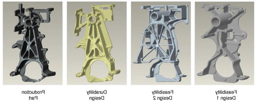 three feasibility designs and the final production part for a tractor engine